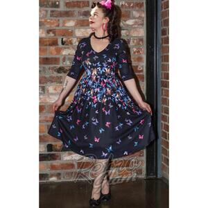 Dolly & Dotty Billie Black Butterfly Long Sleeved Dress Size 16
